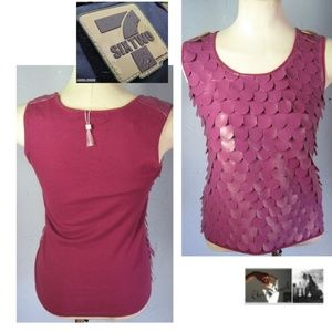 One 7 Six New Wine Faux Leather Knit Top Size M